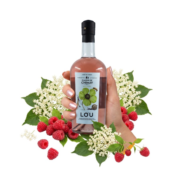 Une bouteille de plaisir de Chimay, Gin sans alcool tenue en main, agrémentée de fleurs de sureau et de framboise.